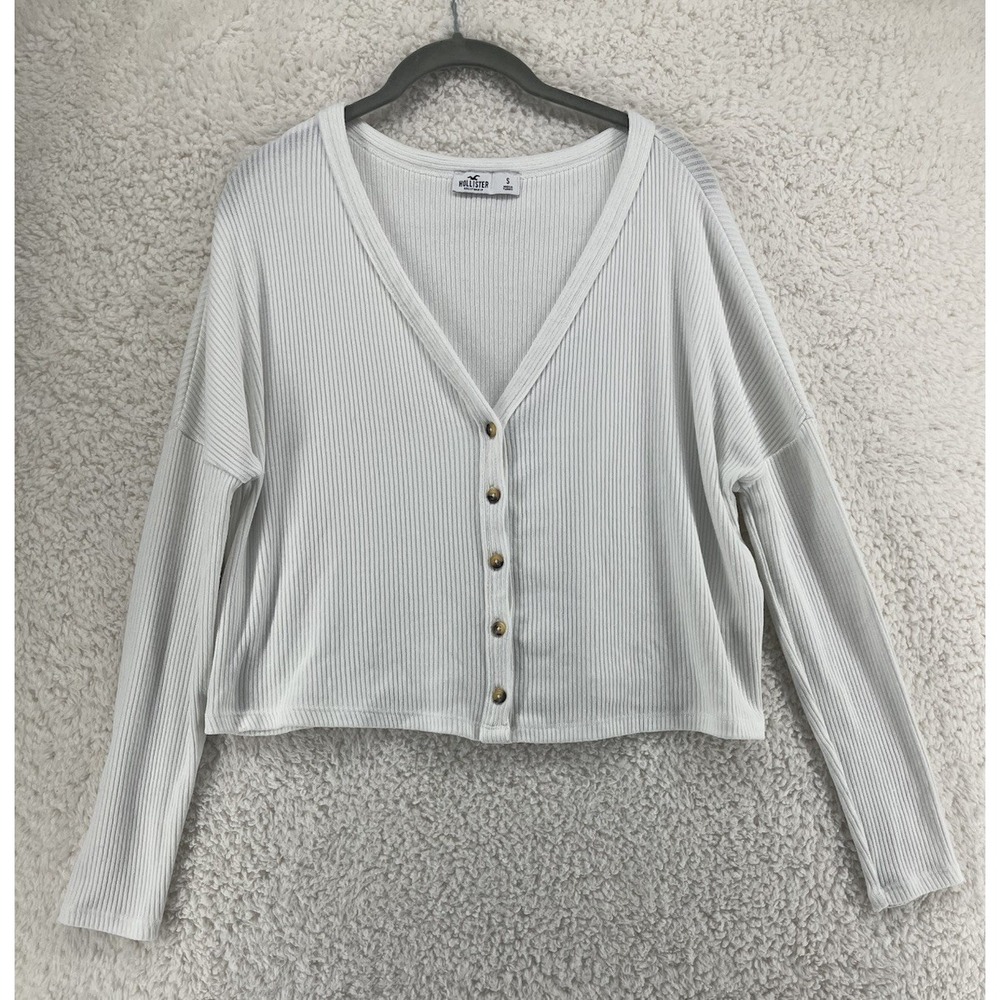 Hollister Cardigan Sweater Womens Large White Soft Ribbed Button Cropped V Neck